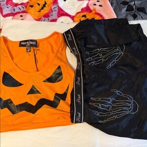 Orange Pumpkin tank VS pink skeleton hand sleep boxer shorts halloween